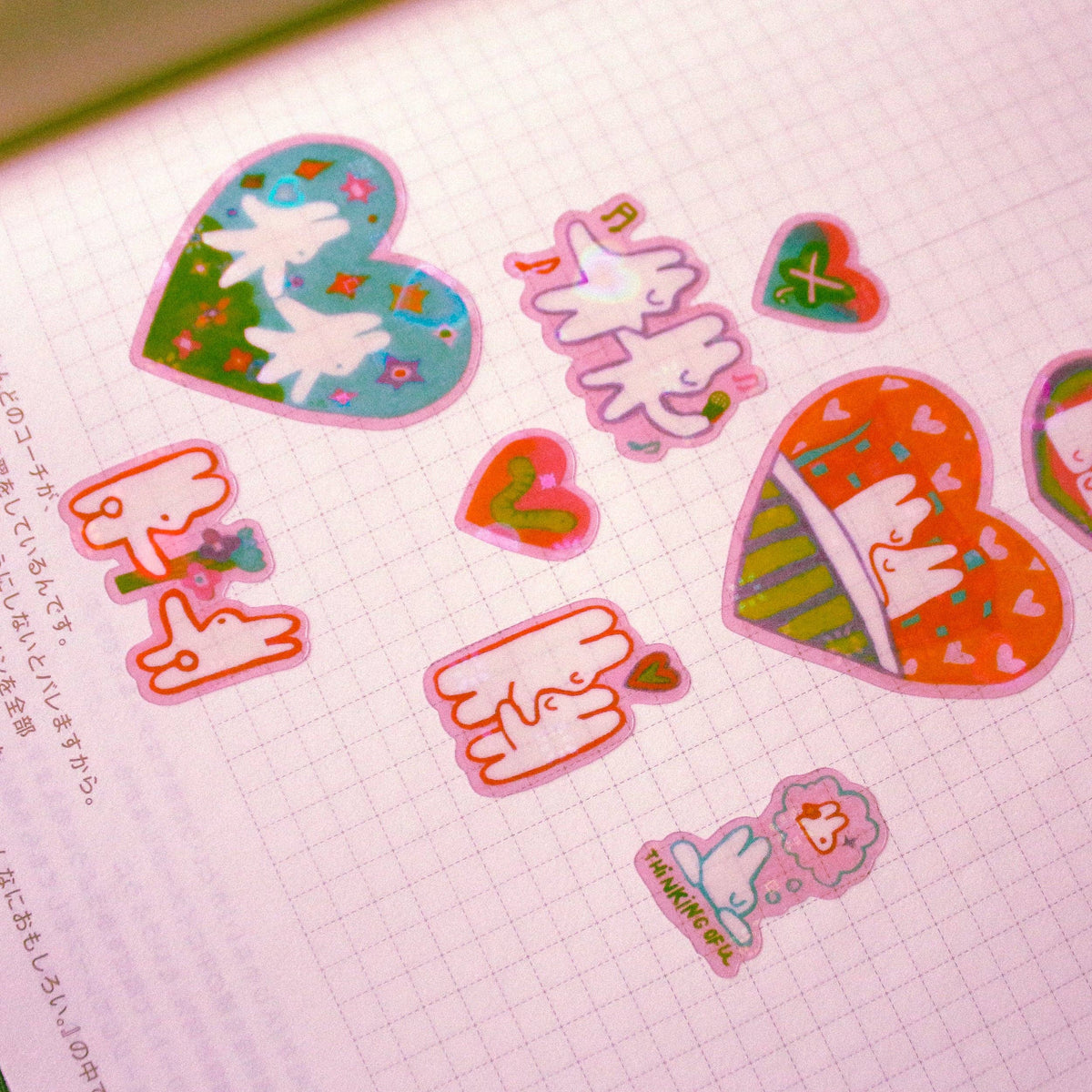 'Bunnies in Love' Heart Holo Transparent Sticker Sheet-zoom-2