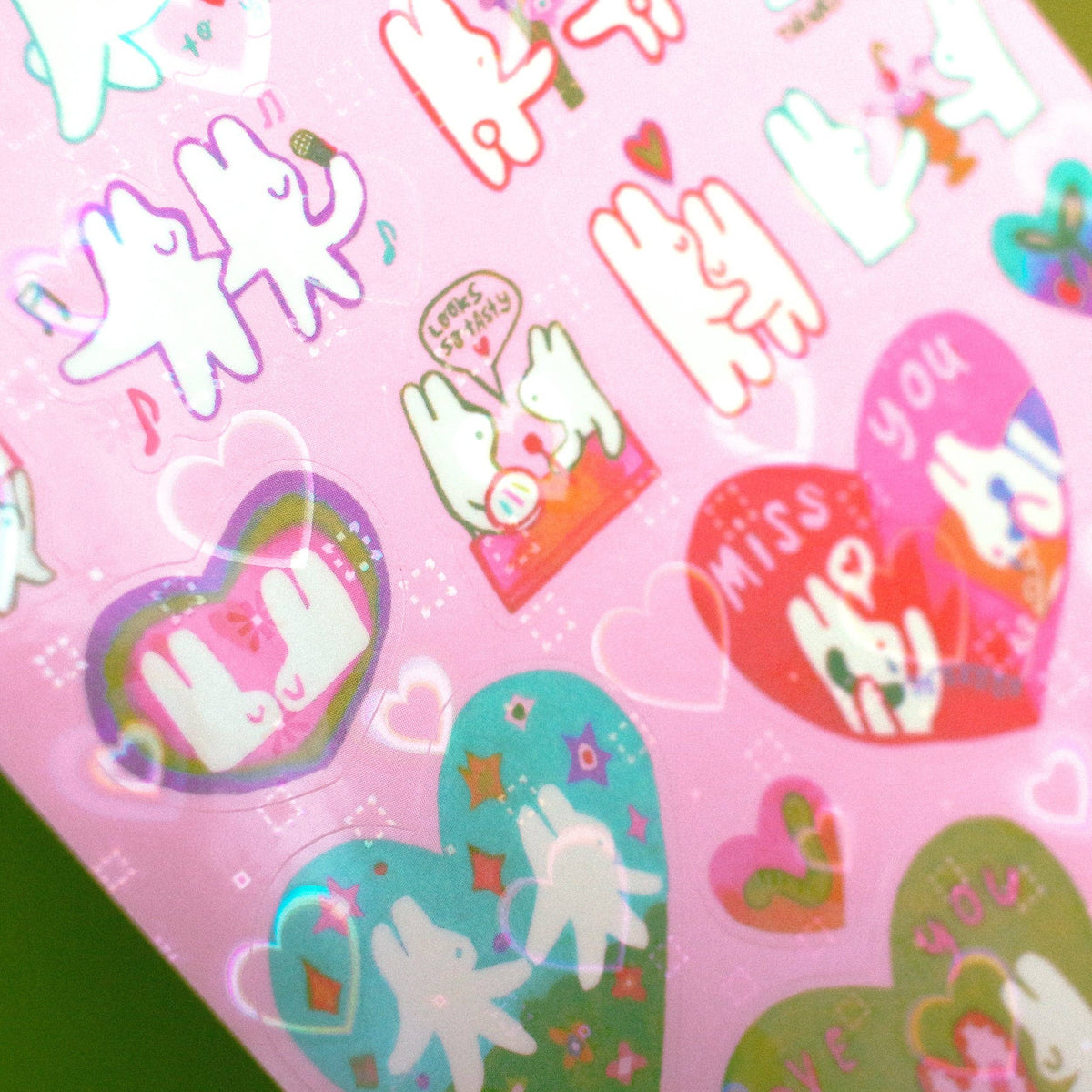 'Bunnies in Love' Heart Holo Transparent Sticker Sheet-zoom-3