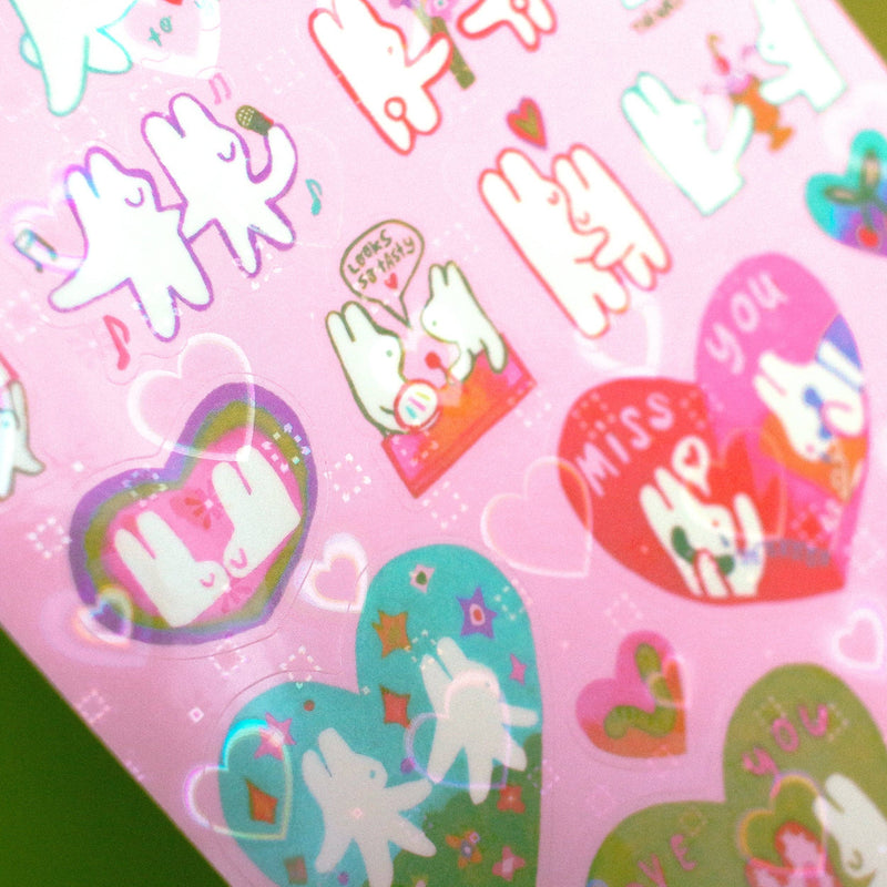 'Bunnies in Love' Heart Holo Transparent Sticker Sheet-zoom-