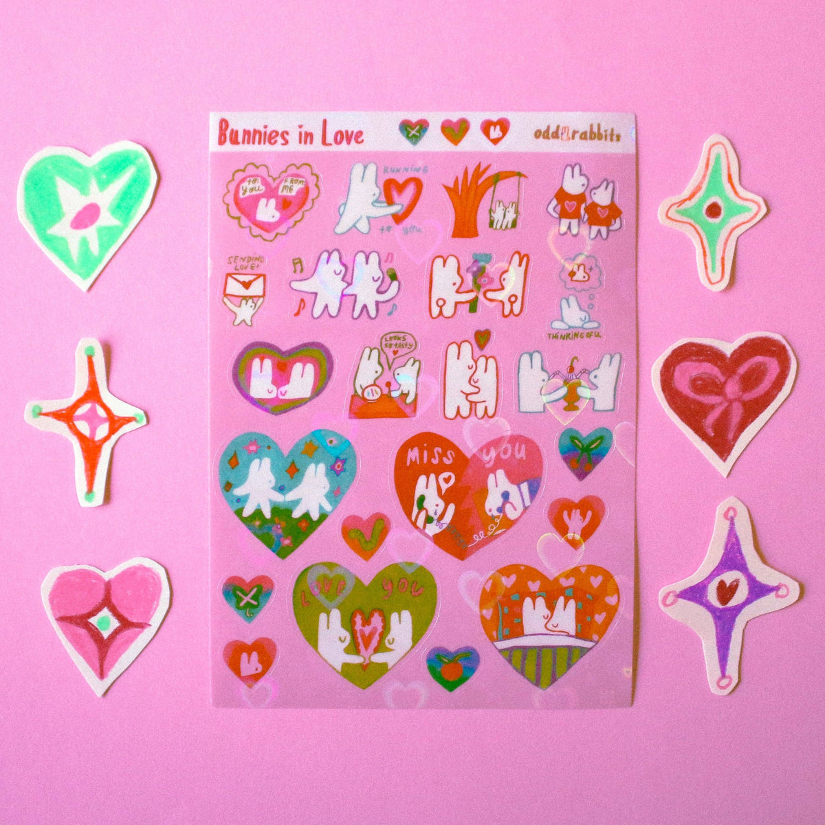 'Bunnies in Love' Heart Holo Transparent Sticker Sheet-1
