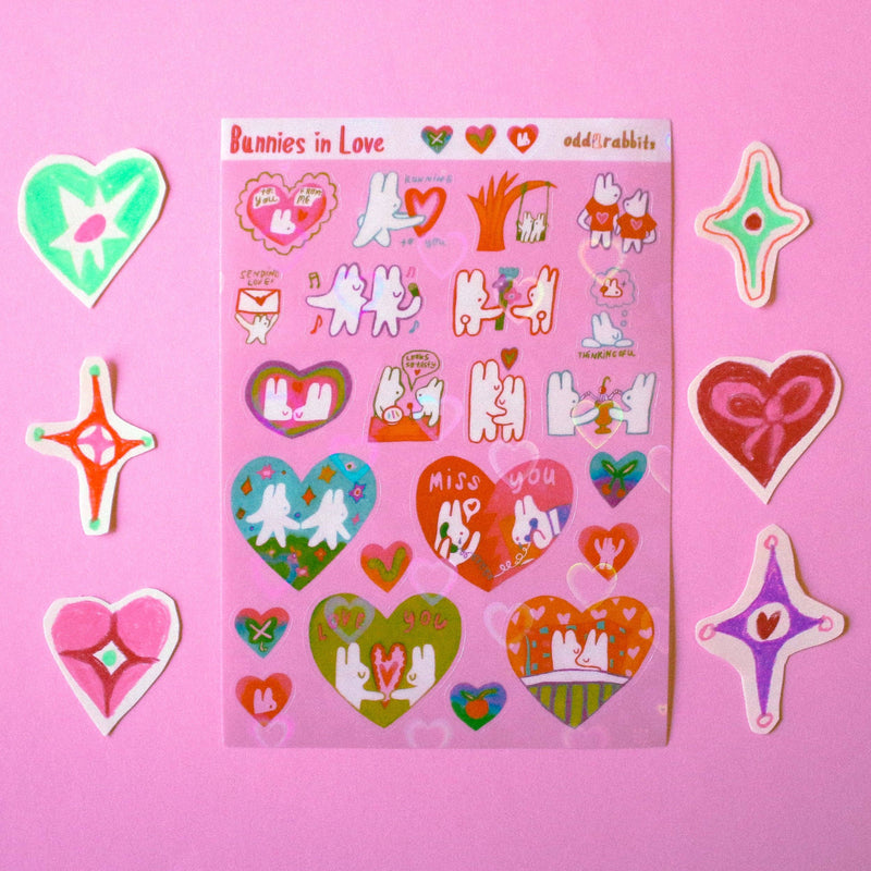 'Bunnies in Love' Heart Holo Transparent Sticker Sheet-zoom-