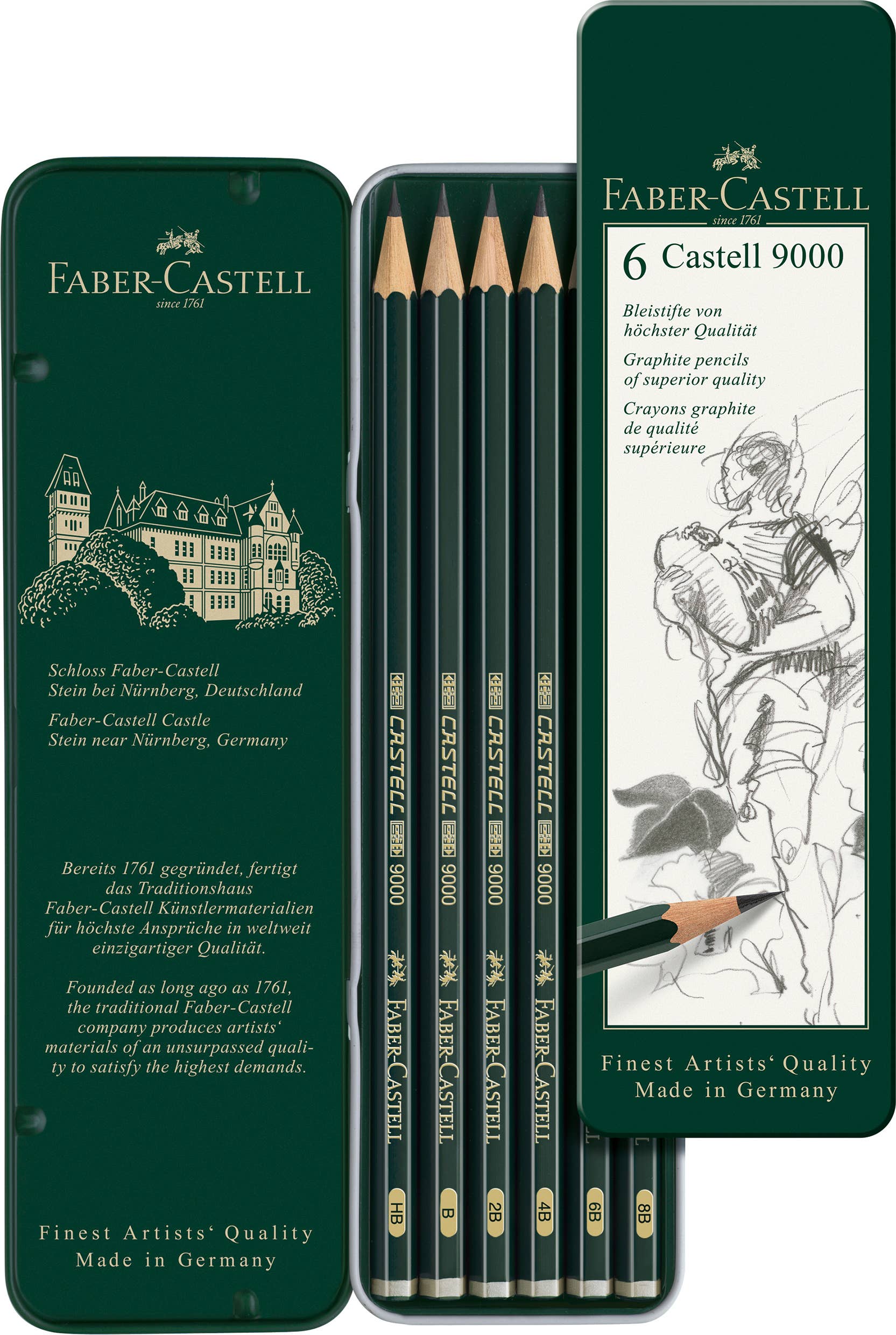 Castell 9000 Graphite Drawing Pencils, Tin of 6-1
