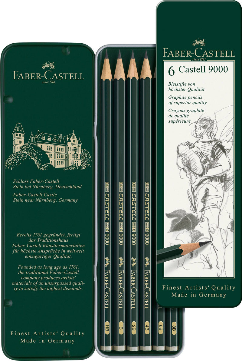Castell 9000 Graphite Drawing Pencils, Tin of 6-zoom-